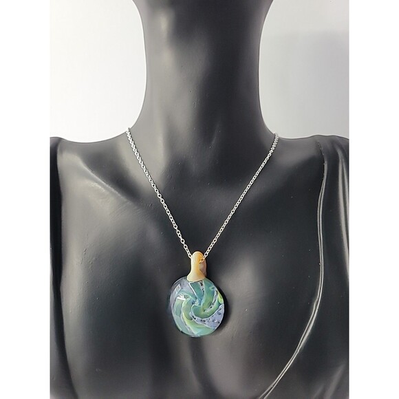 Vintage Handcrafted Art Glass Pendant Necklace Swirl Design in Blue Green Aqua - Picture 2 of 14